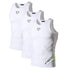 Three white sleeveless compression tank tops with fitted athletic cut and minimal graphic details