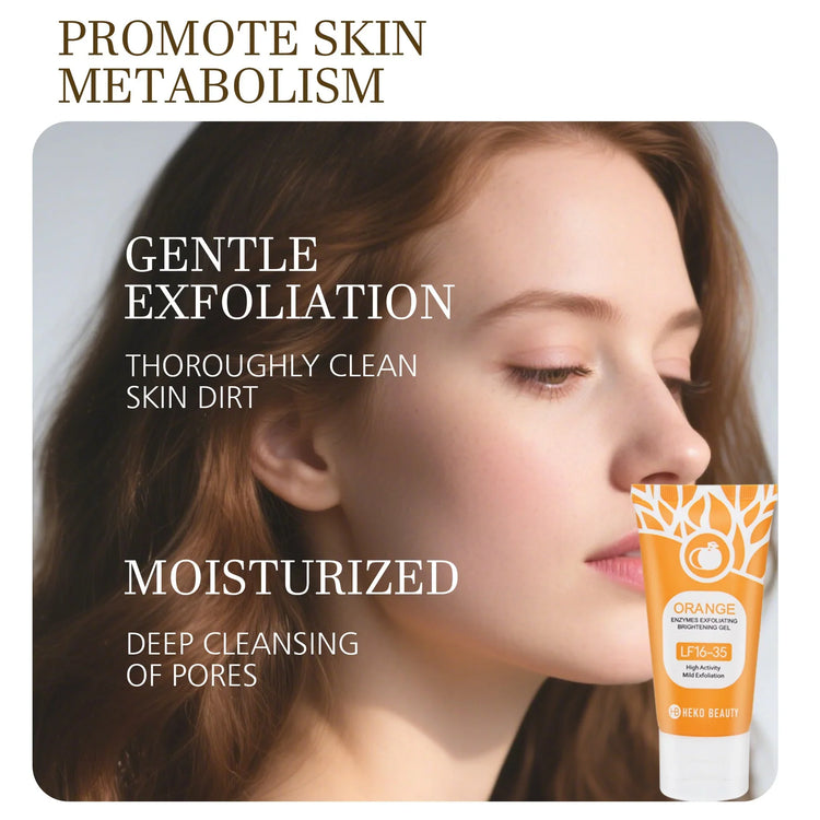 Woman with fair, smooth skin, wearing natural makeup, holding orange exfoliating gel for gentle skincare