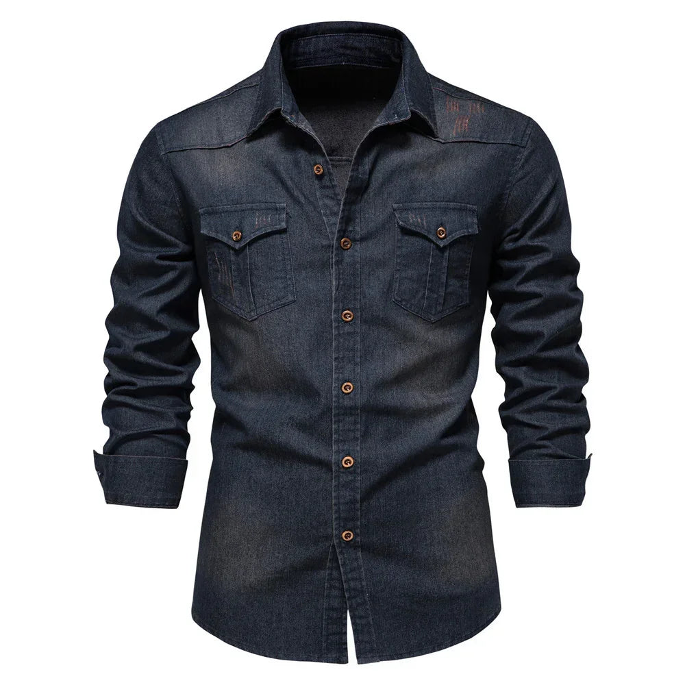 Men's slim fit long sleeve denim shirt in dark blue with button closure and chest pockets