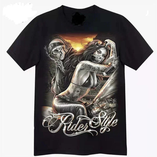Black streetwear t-shirt with graphic biker art, bold tattooed woman design, relaxed fit