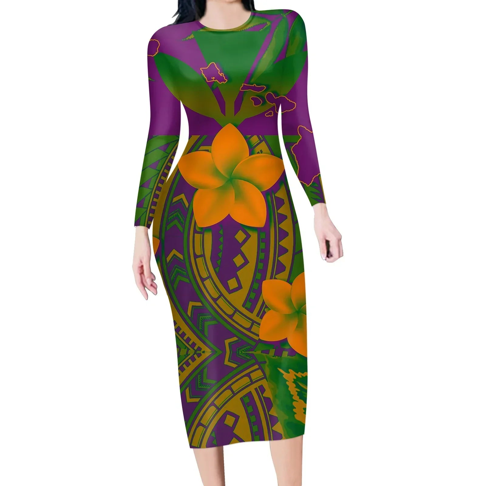 Women's long-sleeve bodycon dress with bold purple, green, and orange floral print.