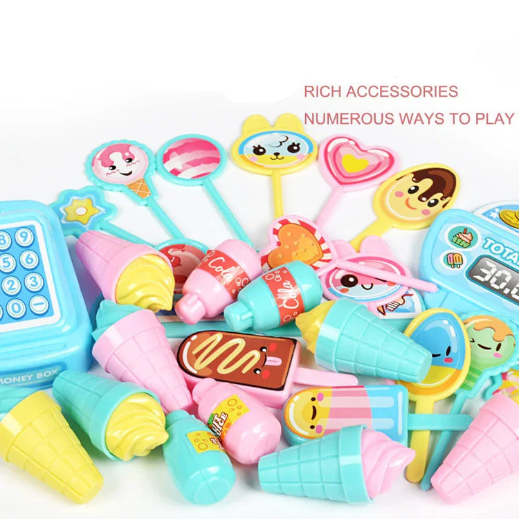 Assorted colorful plastic ice cream and dessert toys with blue play cash register