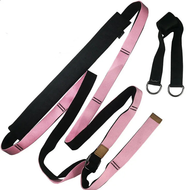 Pink and black adjustable fabric straps with metal buckles and D-rings, modern accessory style