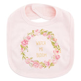 Light pink baby bib, soft cotton, floral wreath print, and &