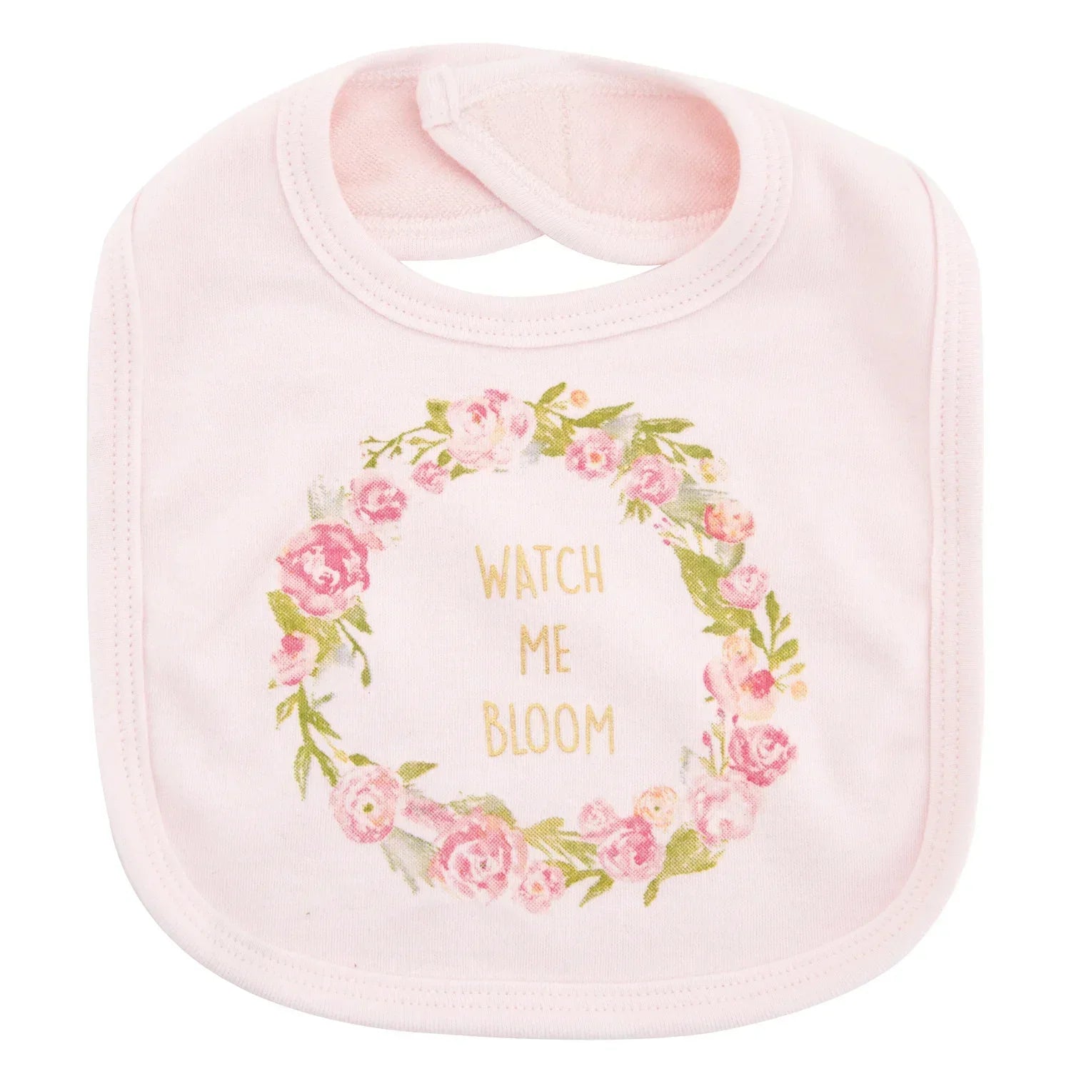 Light pink baby bib, soft cotton, floral wreath print, and 'Watch Me Bloom' text, adjustable fit.