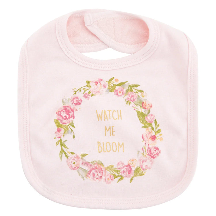 Light pink baby bib, soft cotton, floral wreath print, and &