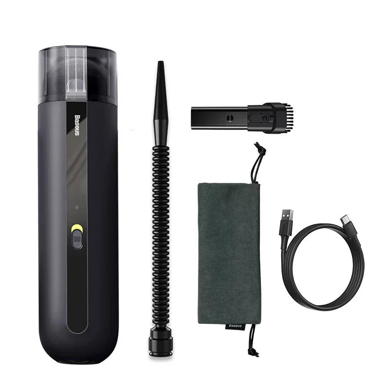 Black portable cordless vacuum cleaner set with nozzles, USB cable, and storage pouch