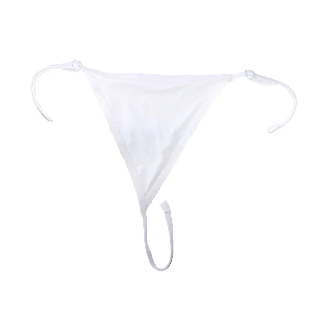 White triangle mesh thong with adjustable side ties, minimal coverage, lightweight fabric
