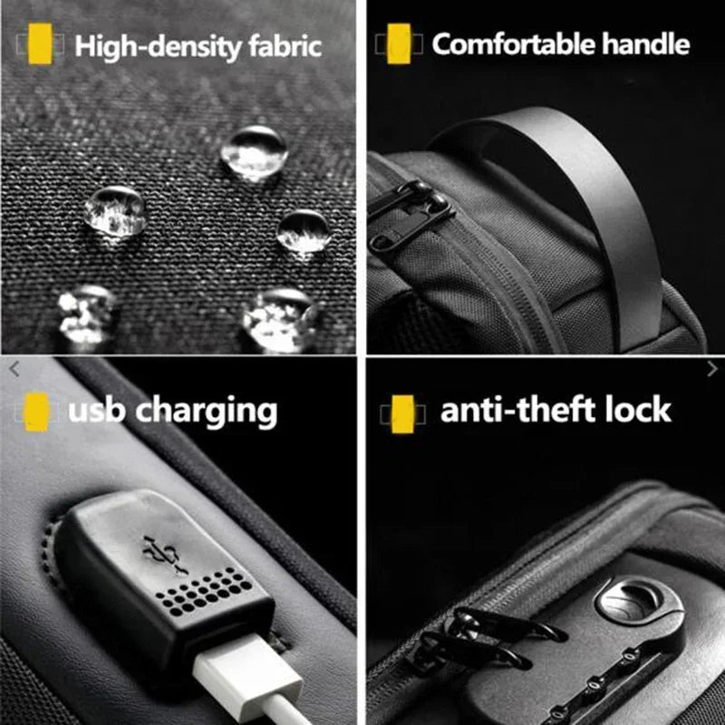 Black backpack with water-resistant high-density fabric, USB charging port, anti-theft lock, and ergonomic handle.
