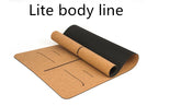 Cork and black fitness mat with printed alignment lines, non-slip, lightweight design