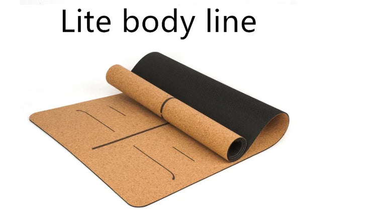 Cork and black fitness mat with printed alignment lines, non-slip, lightweight design