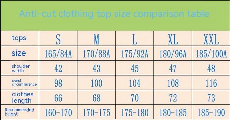 Anti-cut clothing top size chart showing shoulder width, chest, length, and height range for S to XXL.