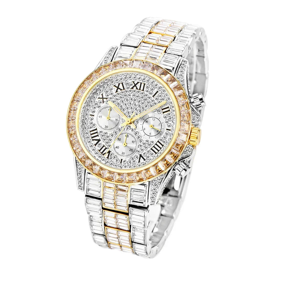 Luxury silver and gold iced-out watch with Roman numerals, crystal accents, and metal band