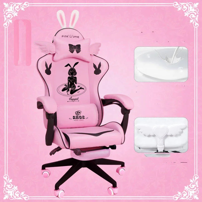 Pink ergonomic gaming chair with bunny ears, wing accents, and plush material for comfort.