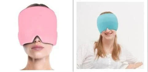 Women wearing oversized sleep masks in pink and blue, soft fabric, relaxed fit