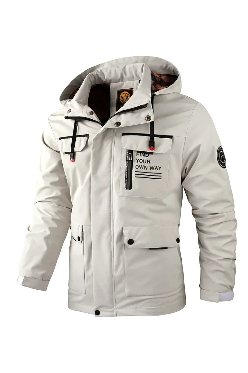 Light grey hooded streetwear jacket with black accents and chest pocket, modern relaxed fit