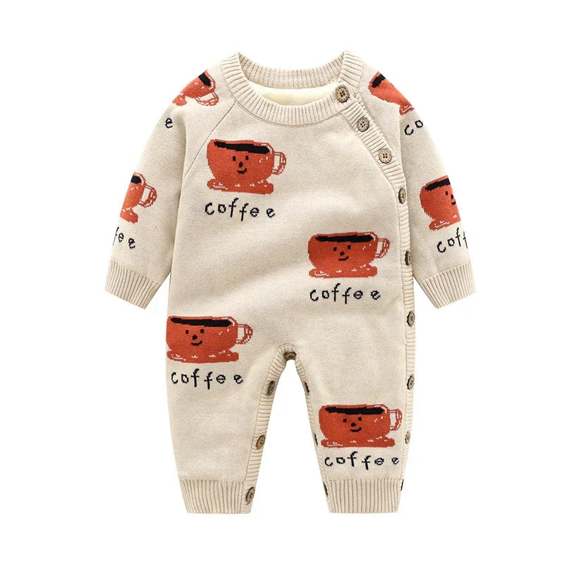 Beige knit baby romper with red coffee cup print, long sleeves, side button closure, relaxed fit