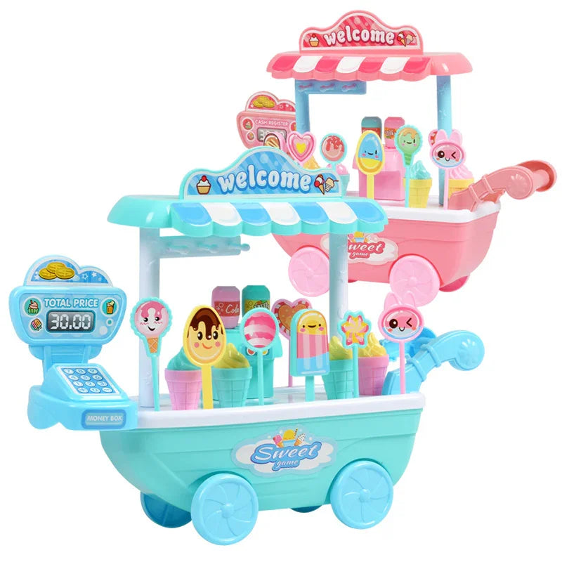 Colorful toy ice cream carts with play popsicles, cones, and playful signs for kids