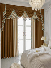 Brown and cream velvet curtains with tassel trim in elegant bedroom setting