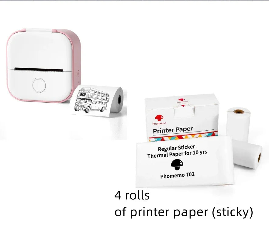 Compact pink and white thermal label printer with four rolls of sticky thermal printer paper.