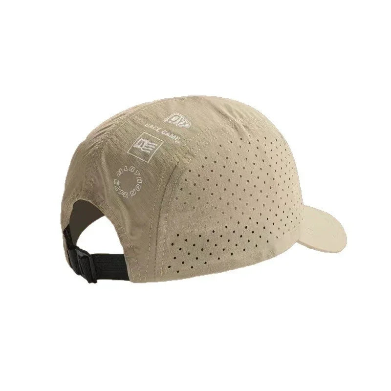 Beige perforated lightweight cap with adjustable strap, breathable modern streetwear style