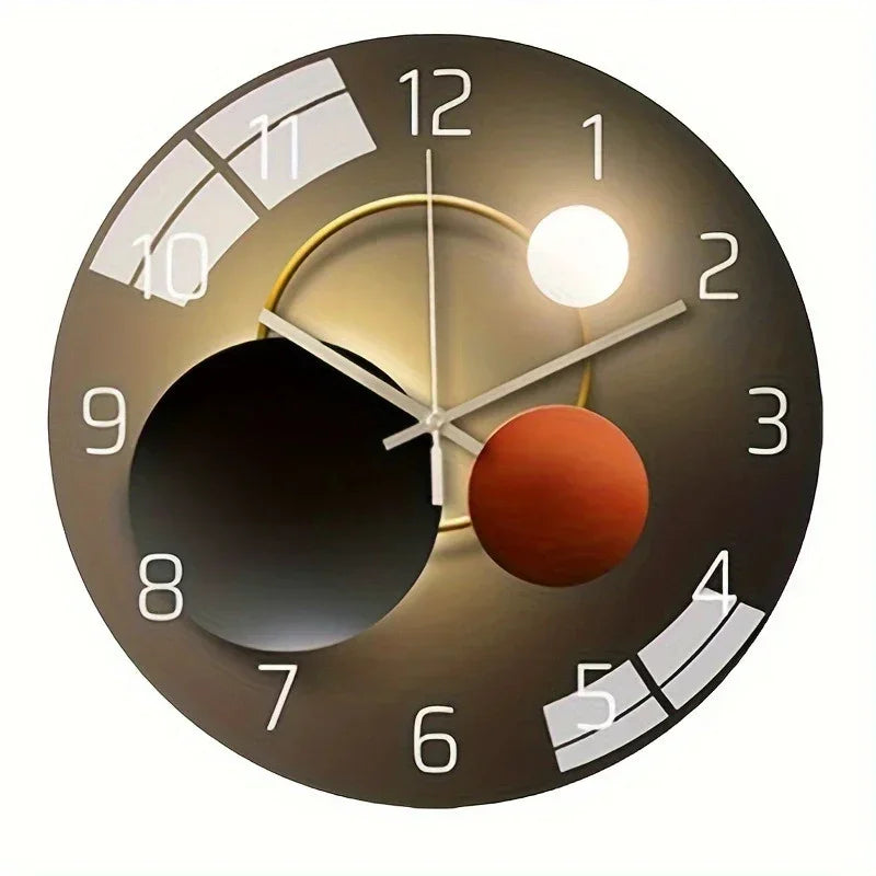 Modern wall clock with geometric planets design, black and gold tones, minimalist style