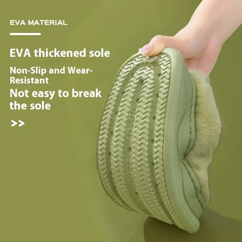 Flexible green slipper with EVA thickened sole, non-slip tread, and plush lining, shown bent by hand.