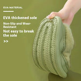 Flexible green slipper with EVA thickened sole, non-slip tread, and plush lining, shown bent by hand.