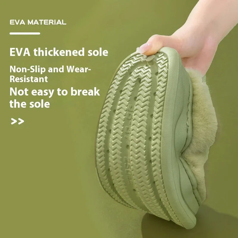 Flexible green slipper with EVA thickened sole, non-slip tread, and plush lining, shown bent by hand.