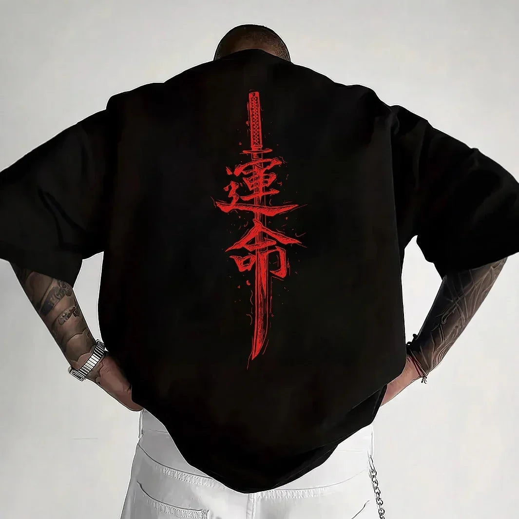 Oversized black streetwear t-shirt with bold red sword and Asian script graphic on back