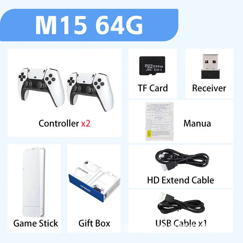 Game console bundle with two white controllers, game stick, receiver, TF card, HD and USB cables, gift box, and manual.