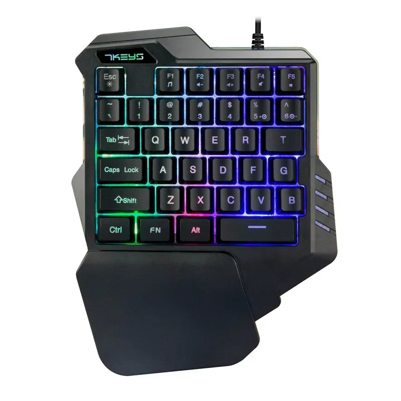 Compact RGB backlit one-handed gaming keyboard with ergonomic wrist rest