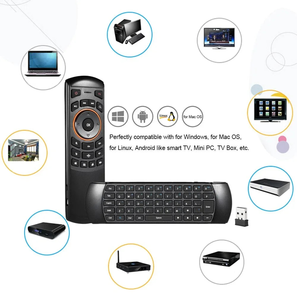 Black wireless air mouse remote with keyboard, USB dongle, and multi-device compatibility icons.
