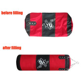 Red and black cylindrical punching bag shown empty and filled, durable synthetic material.