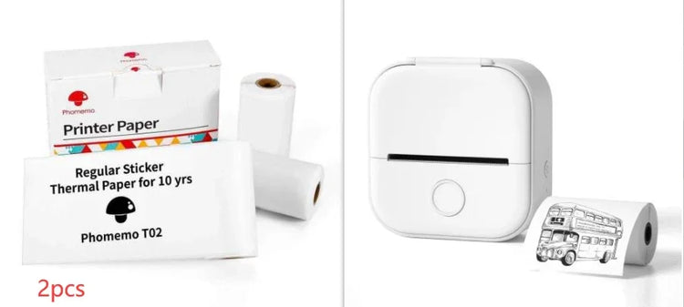 White portable thermal printer with two rolls of sticker thermal paper, compact design