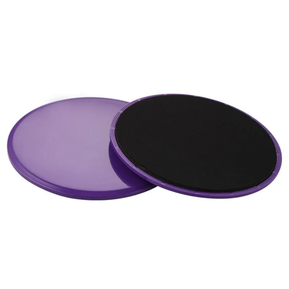 Pair of round purple and black exercise sliders with smooth plastic and foam surfaces