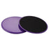Pair of round purple and black exercise sliders with smooth plastic and foam surfaces