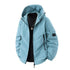 Light blue hooded windbreaker jacket with black zipper, relaxed fit, and zippered pockets