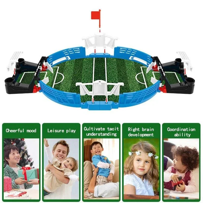 Mini tabletop soccer game with plastic field, goals, and educational benefits for kids.