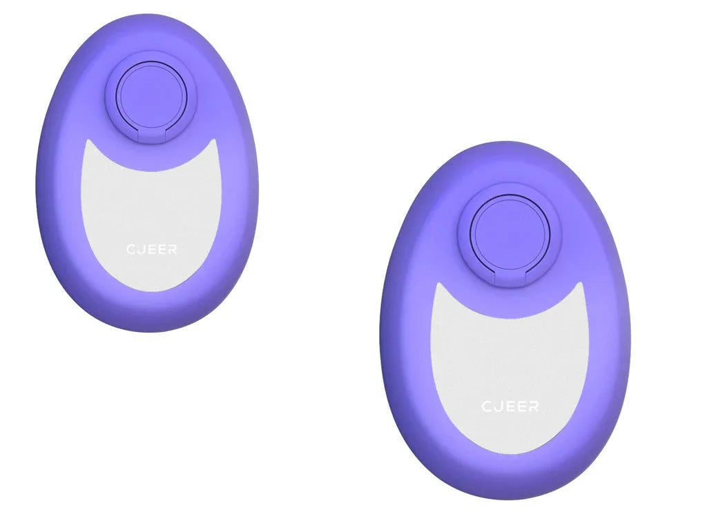 Two oval-shaped purple and white tech accessories with smooth plastic finish