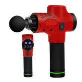 Red and black handheld massage gun with digital display and ergonomic grip
