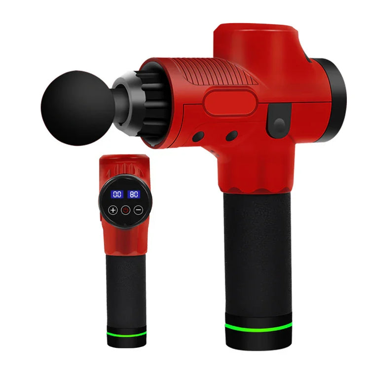 Red and black handheld massage gun with digital display and ergonomic grip