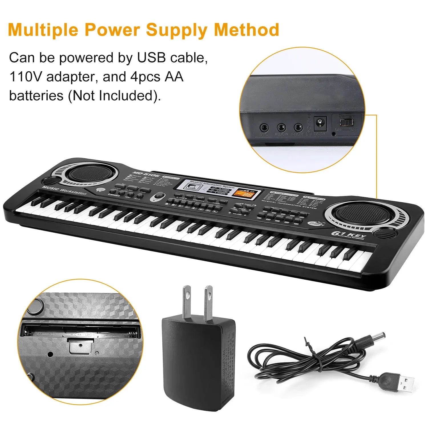 Electronic keyboard with 61 keys, showing multiple power supply options including USB, adapter, and battery compartment.