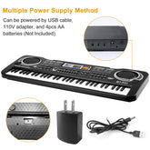 Electronic keyboard with 61 keys, showing multiple power supply options including USB, adapter, and battery compartment.