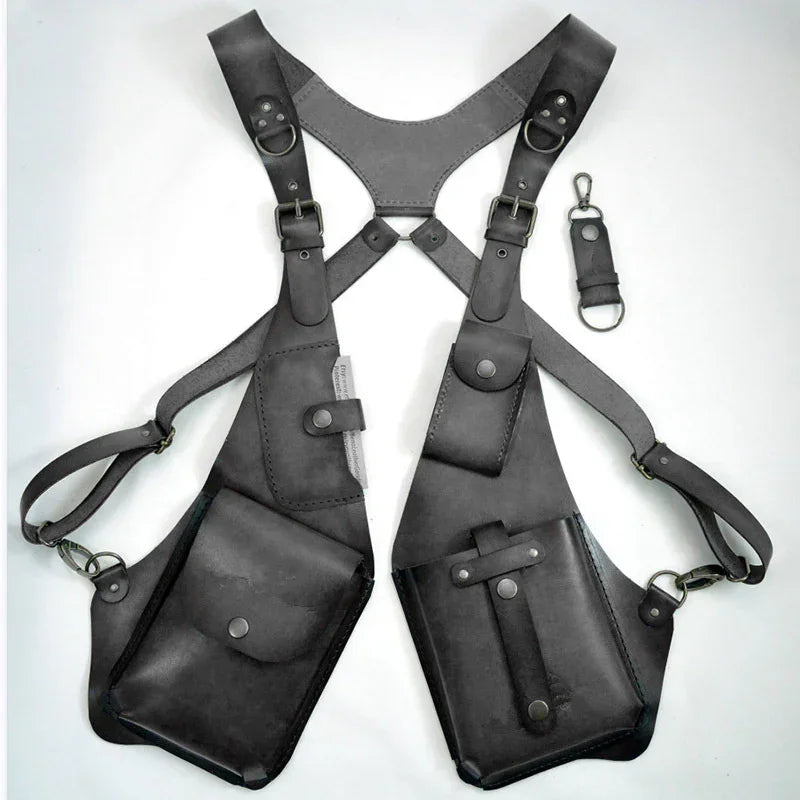 Black leather harness vest with adjustable straps and multiple utility pockets, modern streetwear style