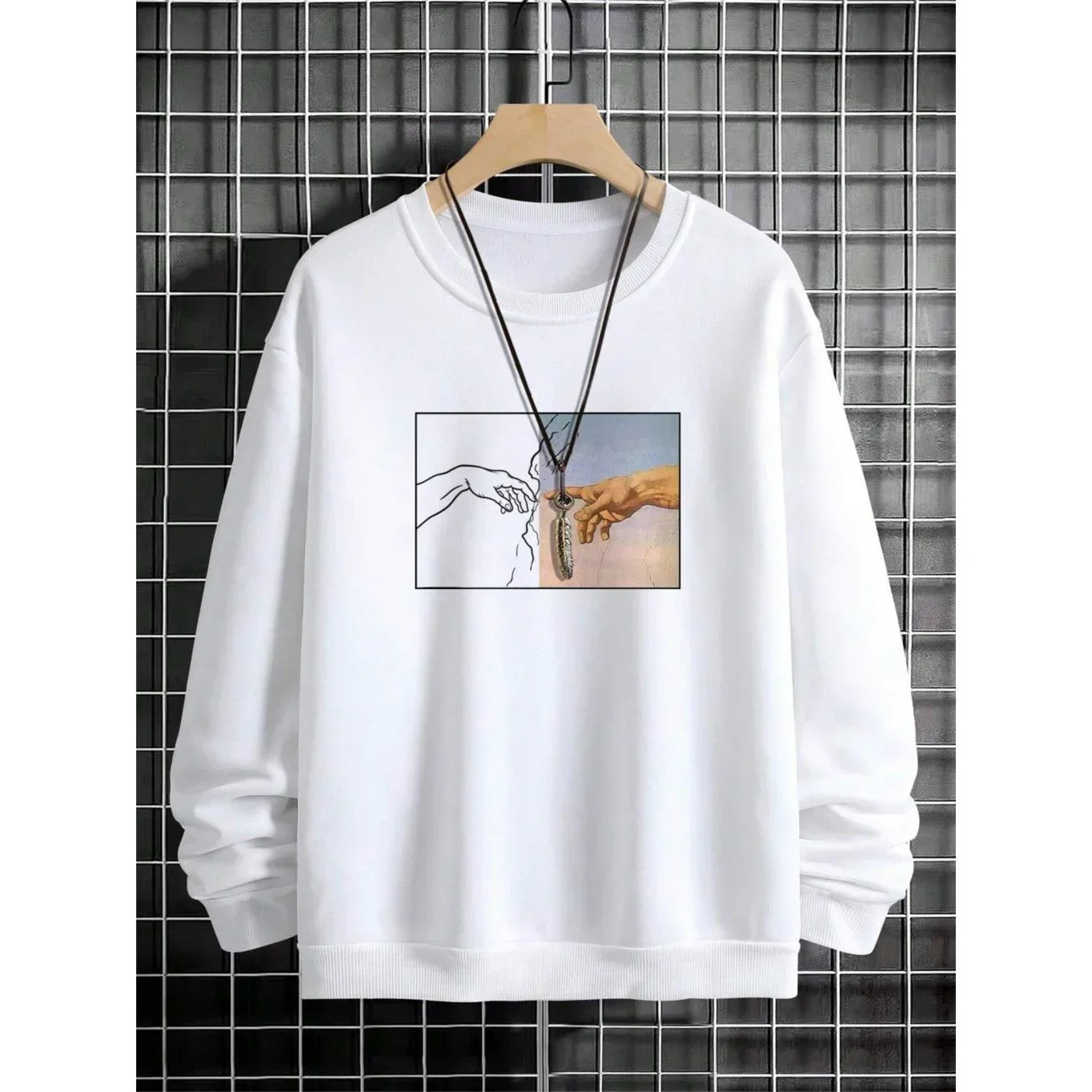 White oversized sweatshirt with artistic hand graphic, soft cotton material, relaxed fit