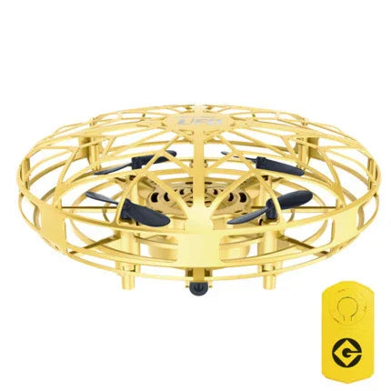 Gold circular mini drone with protective grille and remote control, futuristic tech accessory