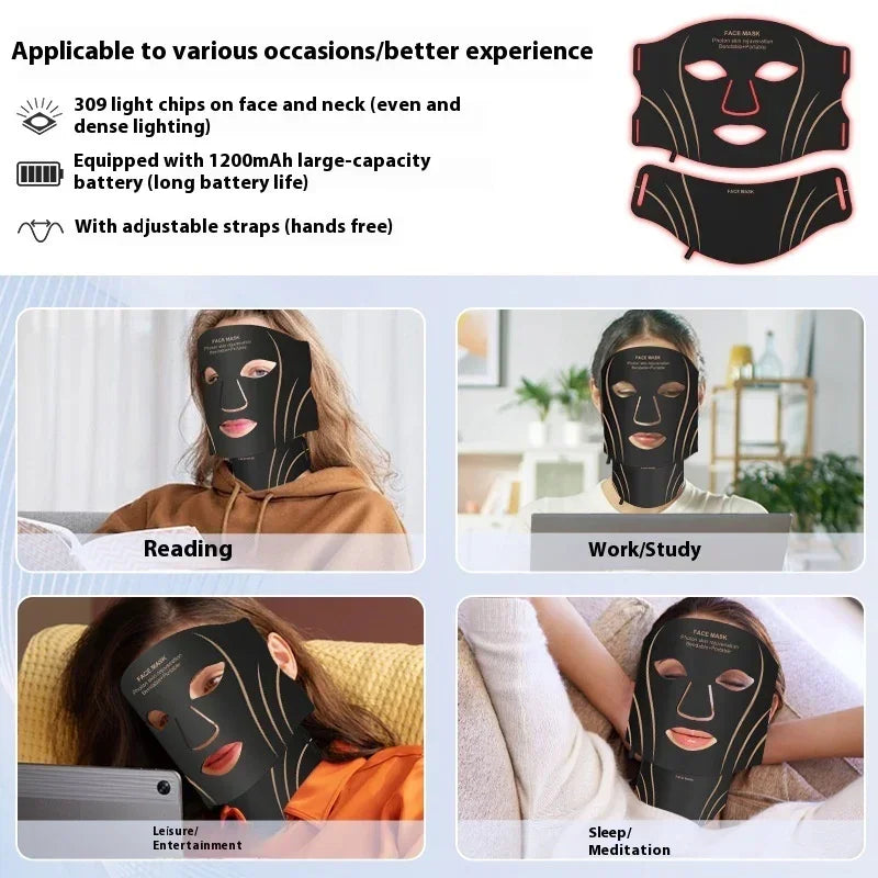 Black LED light therapy face mask with gold lines, adjustable straps, wearable for reading, work, relaxation, or meditation.