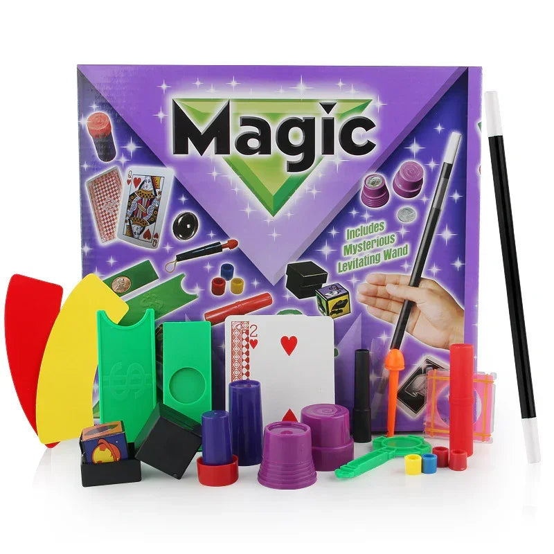 Beginner magic kit with colorful plastic props, magic wand, cups, cards, and accessories.