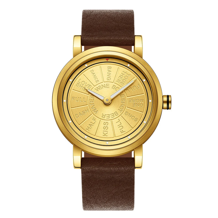 Gold-toned watch with brown leather strap and engraved dial, featuring playful text segments.